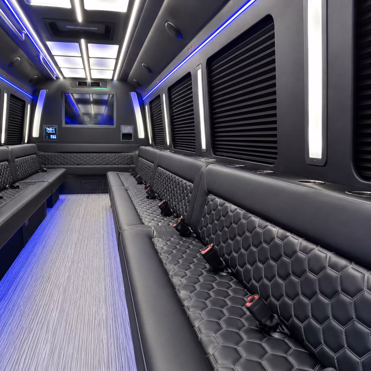 Wedding guests seated inside a party bus serving San Antonio